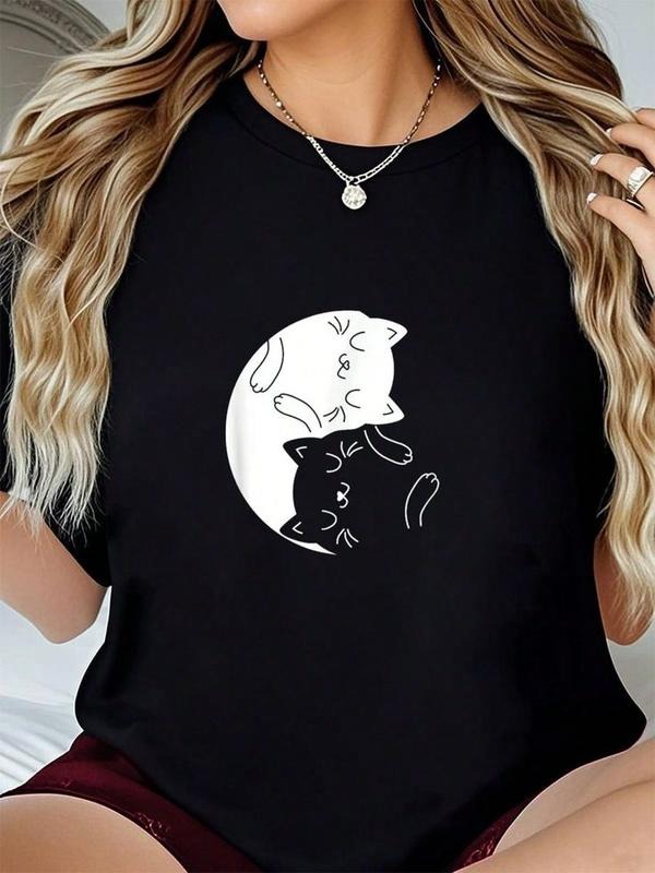 Holafish Women's Cotton Fitted Short Sleeve Cat Print Crew Neck T-Shirt Comfortable and Versatile Style for Everyday Top...