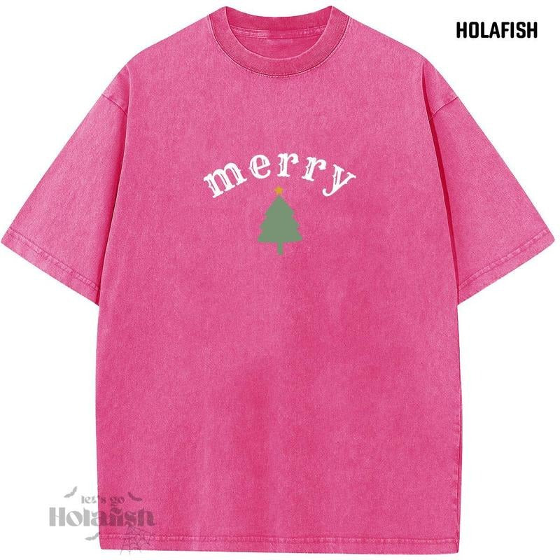 Holafish Women's Holiday Christmas Cotton T-Shirt Merry Xmas Tree Print Casual Loose Fit Breathable Graphic Top Everyday...