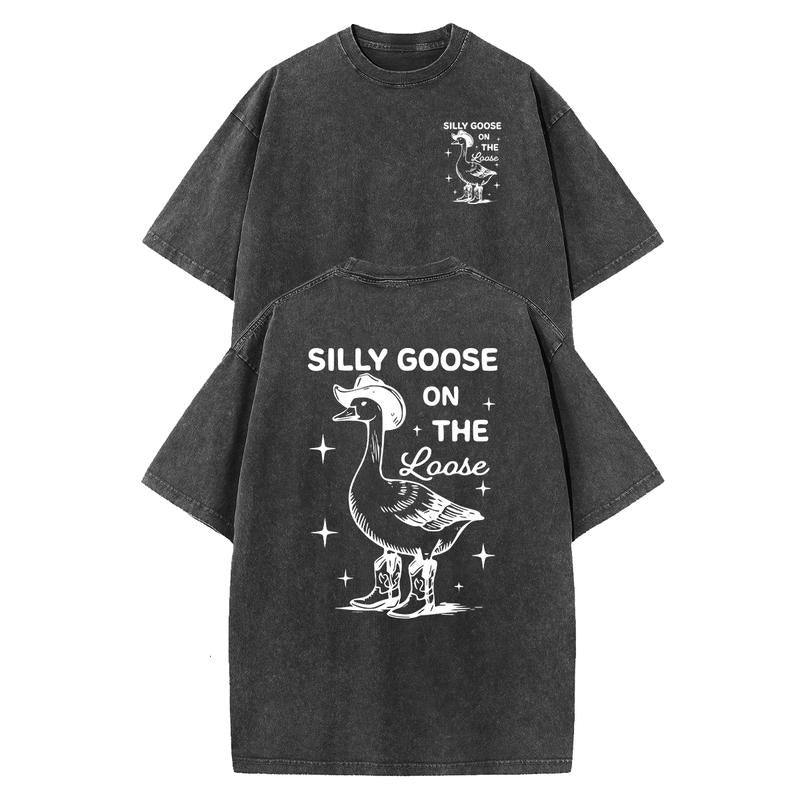 Holafish Women's Letters Fashion Duck Design Printed Cotton T-shirt , Old Washed Oversized Shoulder Retro Street Basic...