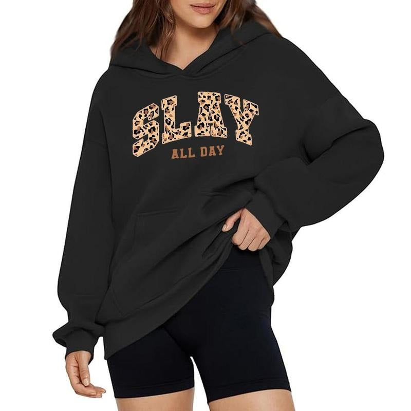 Holafish Women's Oversized Hoodie SLAY ALL DAY Casual Leopard Print Pullover Sweatshirt for All Seasons Comfortable...