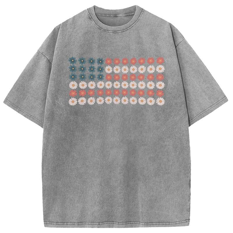 Holafish Women's Plus Size Breathable American Flag Acid Wash T-shirt, Flowers, Red White Blue, Floral, Patriotic,...