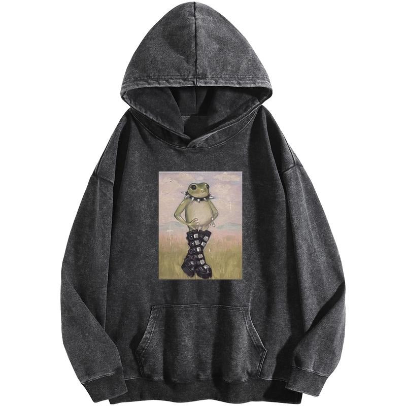 Holafish Women's Rocking Frog Print Acid Wash Hoodie Vintage Sweatshirt Oversized Loose Fit Winter Warm Streetwear Casual...