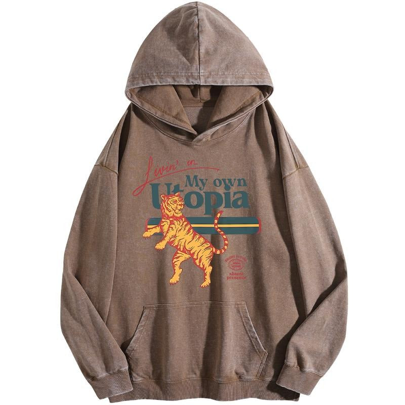 Holafish Women's Unisex My Own Utopia Print Acid Wash Hoodie Vintage Sweatshirt Oversized Loose Fit Winter Warm...