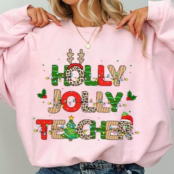 Holly Jolly Teacher Christmas Shirt, Cute Holiday Teacher Tee, Festive Lights Crewneck Top, Merry Educator Holiday...