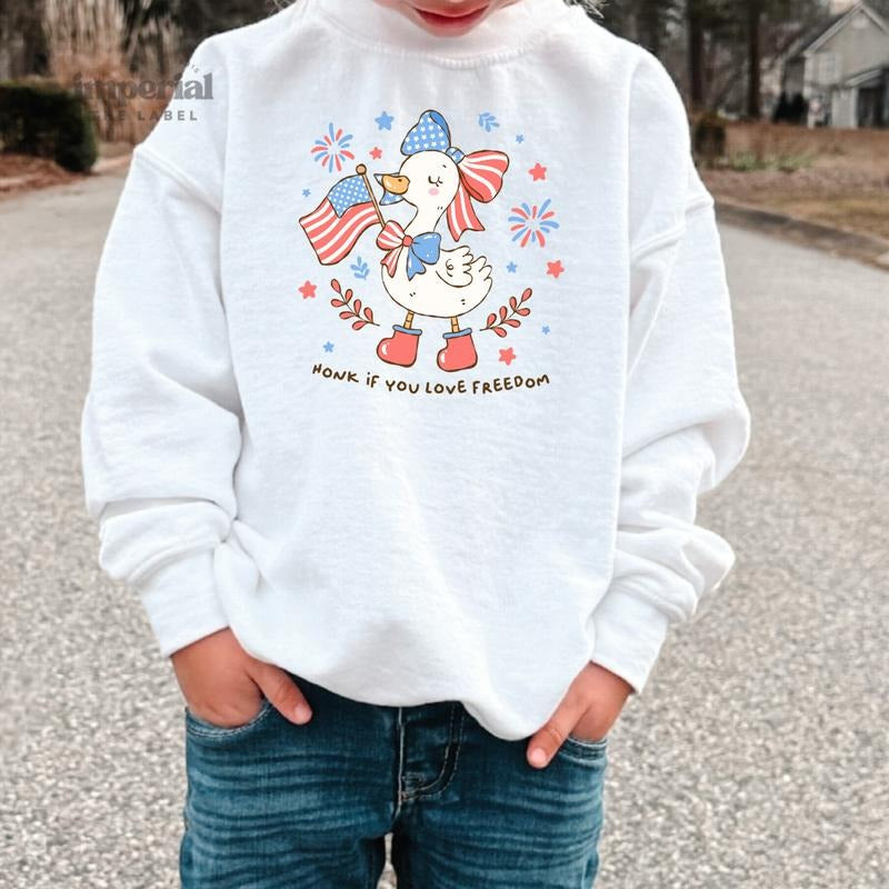 Honk If You Love Freedom Youth Sweatshirt and Kid's Comfort Colors T-Shirt, Patriotic Kids Pullover, Funny USA Crewneck,...