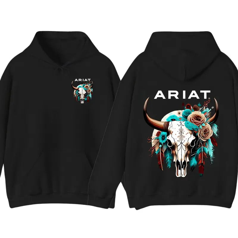 Ariat Shirt/Sweatshirt/Hoodie- Featuring a wild bull skull design with intricate floral patterns, perfect for outdoor...
