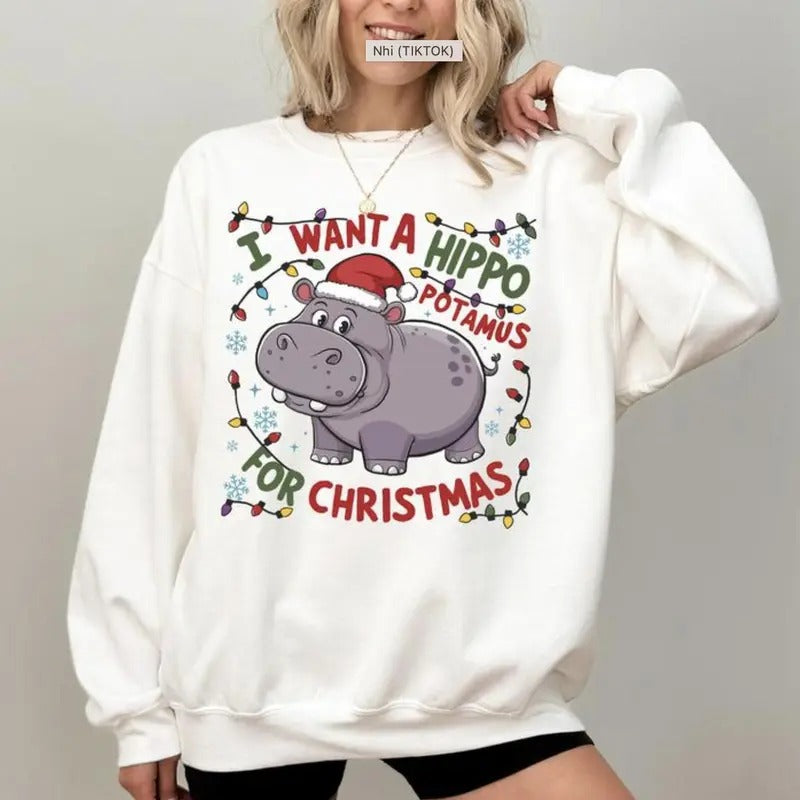 Hippopotamus For Christmas I Want A Hippo T-shirt/Sweatshirt/Hoodie Cotton Unisex Comfy | UrbanDripWear.com