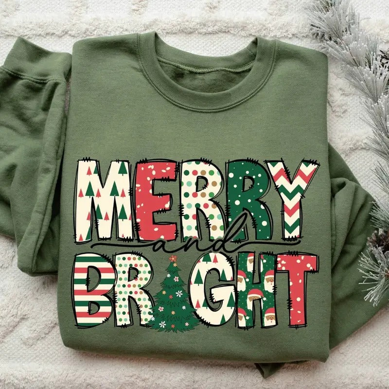 Merry and Bright Shirt/Sweatshirt/Hoodie, Retro Crewneck, Gift For Xmas, Cotton, Womenswear Tops | UrbanDripWear.com