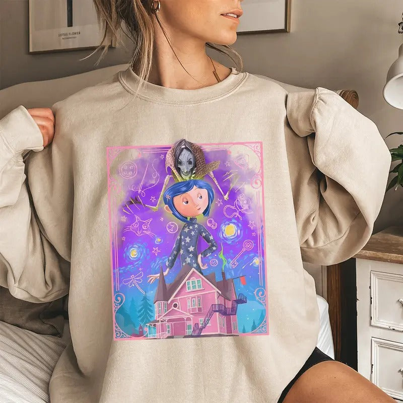 Horror Film Shirt Cartoon Movie Shirt, Coraline Doll Sweatshirt, Halloween Spooky Season Shirt, Coraline Sweatshirt,...