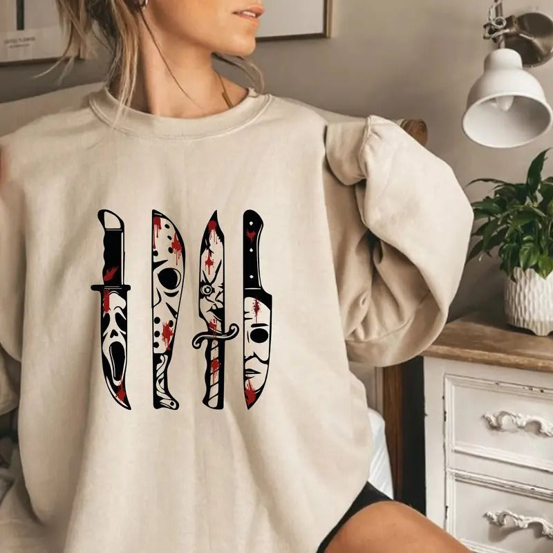 Horror Friends Movie Characters Sweatshirt, Horror Movie Characters In Knives Sweatshirt, Halloween Shirt, Horror Movie...
