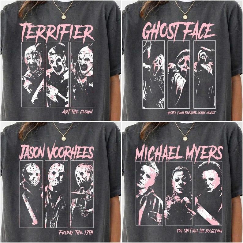 Horror Movie Villains Shirt, Scary Art The Clown Ghostface Mask Jason Michael Myers Tee, Halloween Graphic T-Shirt Unisex...