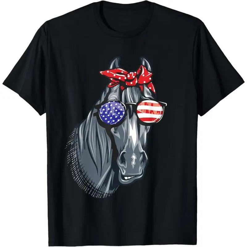 Horse 4th of July Shirt Women Horse Graphic American Flag T-Shirt made in usa Hoodie, Sweatshirt | UrbanDripWear.com