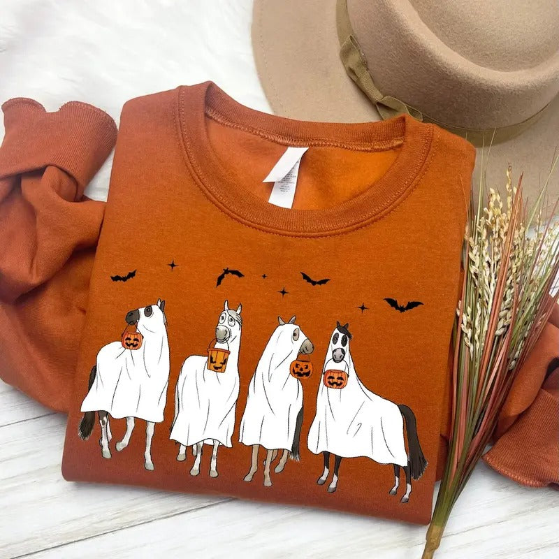 Horse Halloween Sweatshirt, Halloween Ghost Horses Sweatshirt, Spooky Horse Halloween Gifts, Western Halloween Shirt...