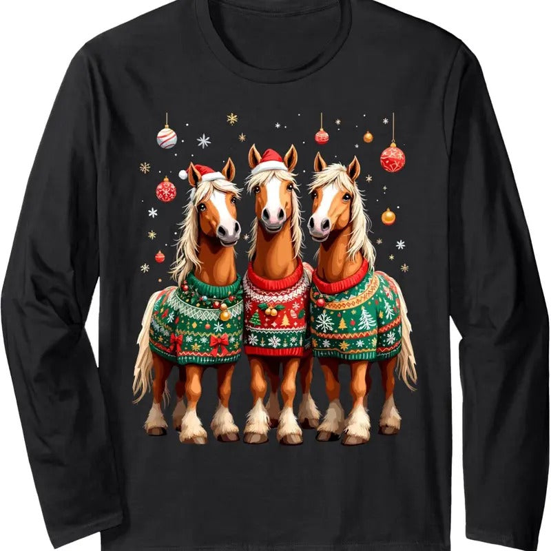 Horses Ugly Sweters Christmas Xmas Horse Lover Horseman Long Sleeve T-Shirtstyle{n002}2 T-Shirts, Hoodie, Sweatshirt