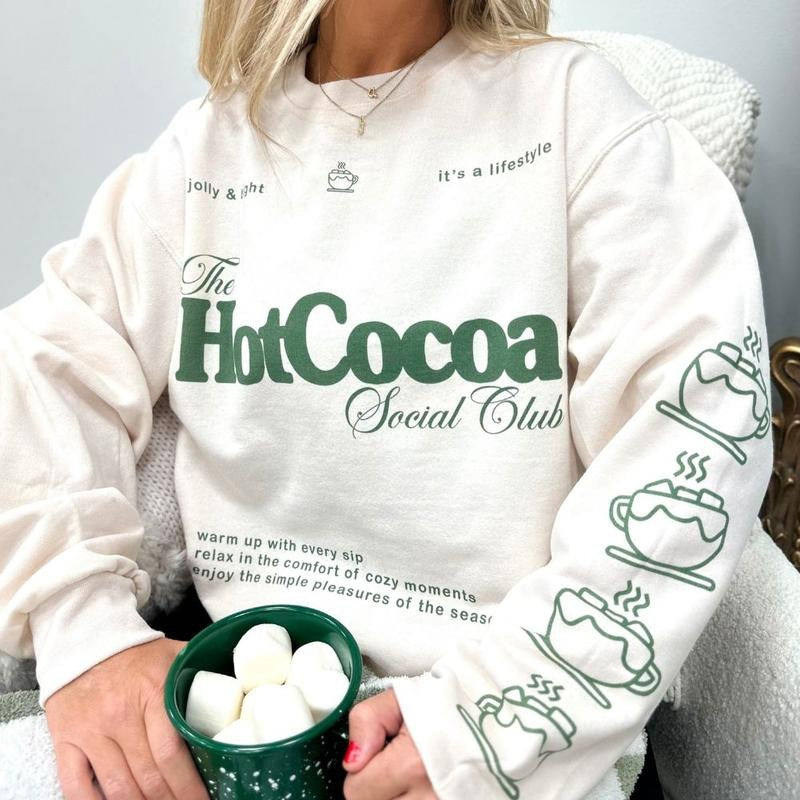 'Hot Cocoa Social Club' Crewneck Sweatshirt, Festive Holiday Vibe, Cute Sleeve Print T-Shirts, Hoodie | UrbanDripWear.com
