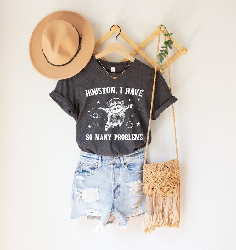 Houston I have So Many Problems Shirt, Funny Graphic Raccoon In Space Shirt, Funny Raccoon Retro Outfits, Galaxy Shirt...
