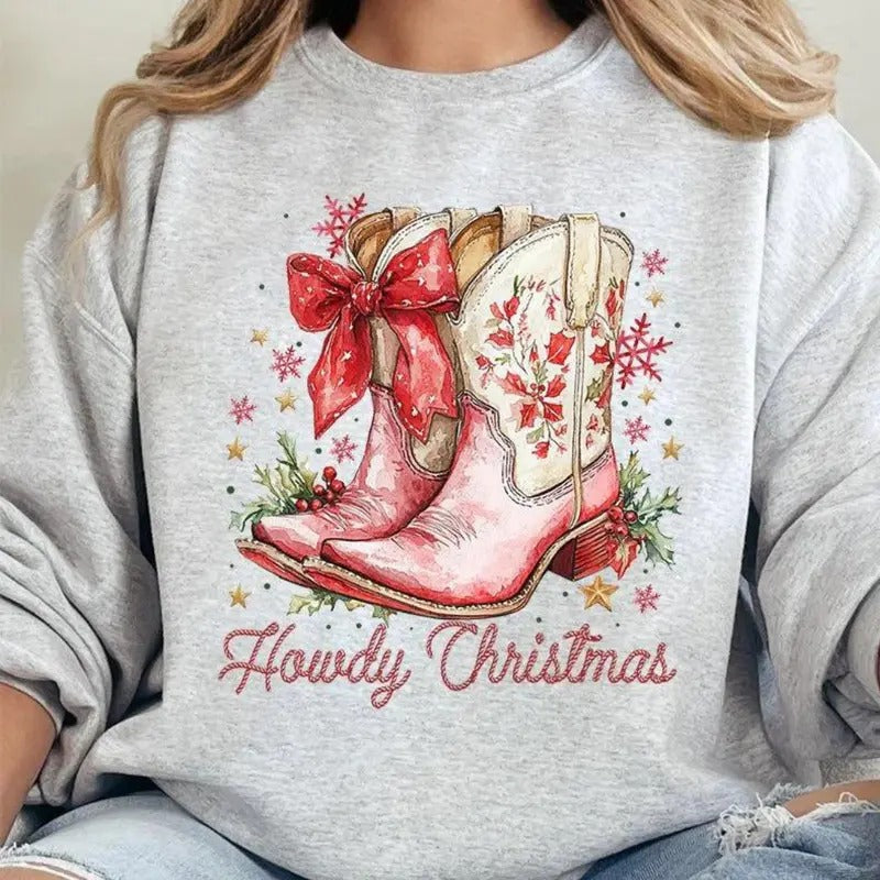 Howdy Christmas Coquette Boots Heavy-weight Crew Sweatshirt Christmas 2024 T-Shirts, Hoodie | UrbanDripWear.com