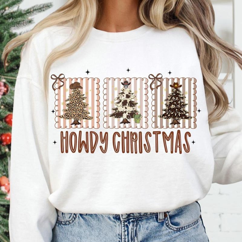 Howdy Leopard Preppy Christmas Western Sweatshirt, Cowgirl Christmas Bow Sweatshirt, Retro Leopard Christmas Tree Shirt...