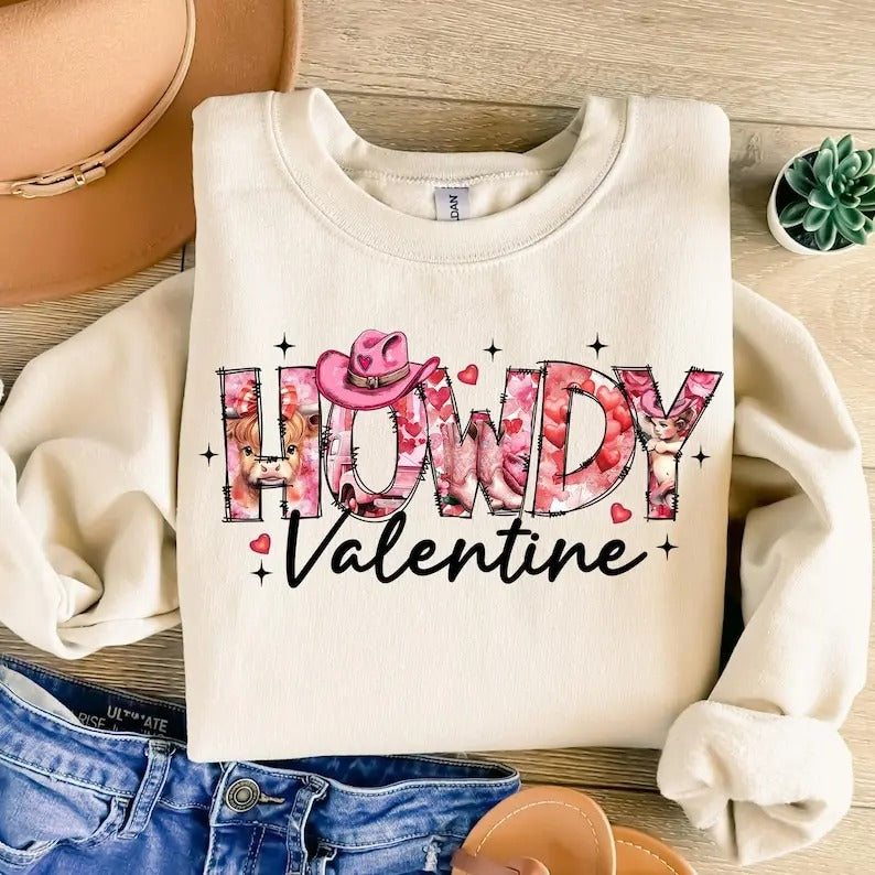 Howdy Valentine Sweatshirt Western Valentines , XOXO , Retro Valentine Hearts , Highland Cow , Baby Cupid , Love...