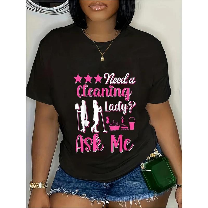 [Humorous Graphic Tee] Humorous Graphic T-Shirt | Women's "Need a Cleaning Lady?" Casual Short Sleeve Round Neck Tee with...