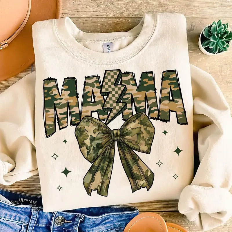 Hunting Mama Camo Bow Tee, Hunting Season Camo Bow Deer Duck Mama Sweatshirt Hoodie | UrbanDripWear.com