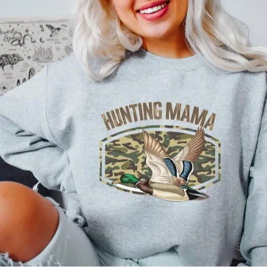 Hunting Mama Sweatshirt, Duck Hunting Crewneck Pullover, Outdoor Hunting Apparel, Camo Print Crewneck, Hunting Season...