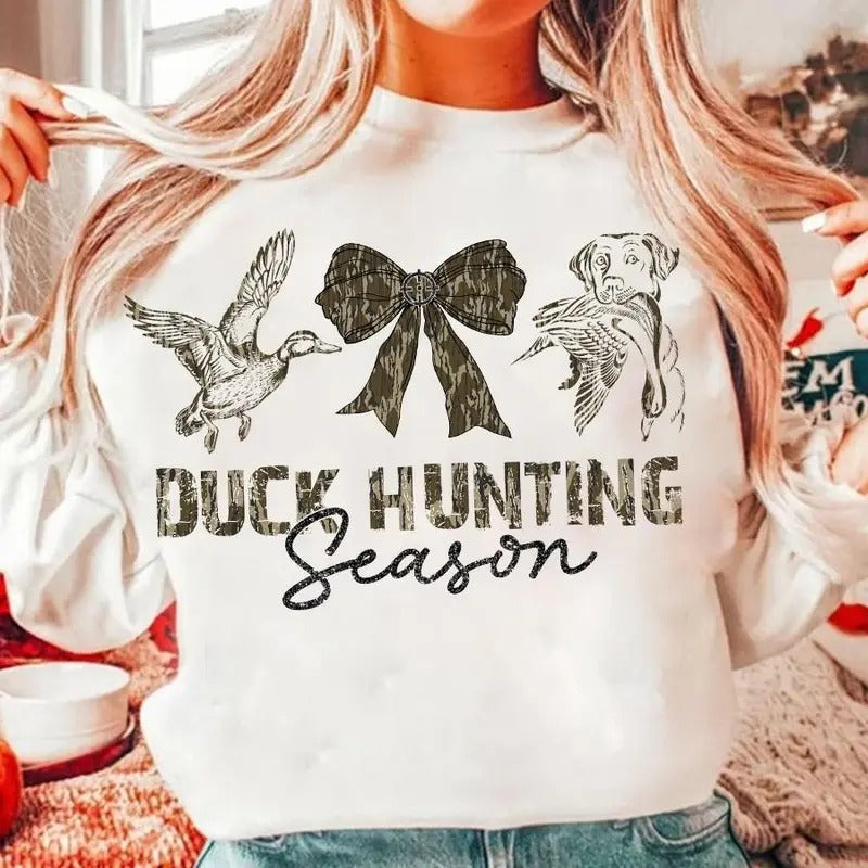 Hunting Season Duck and Dog Camo Coquette Bow Sweatshirt, Old School Camo Girls Shirt Top Hoodie | UrbanDripWear.com