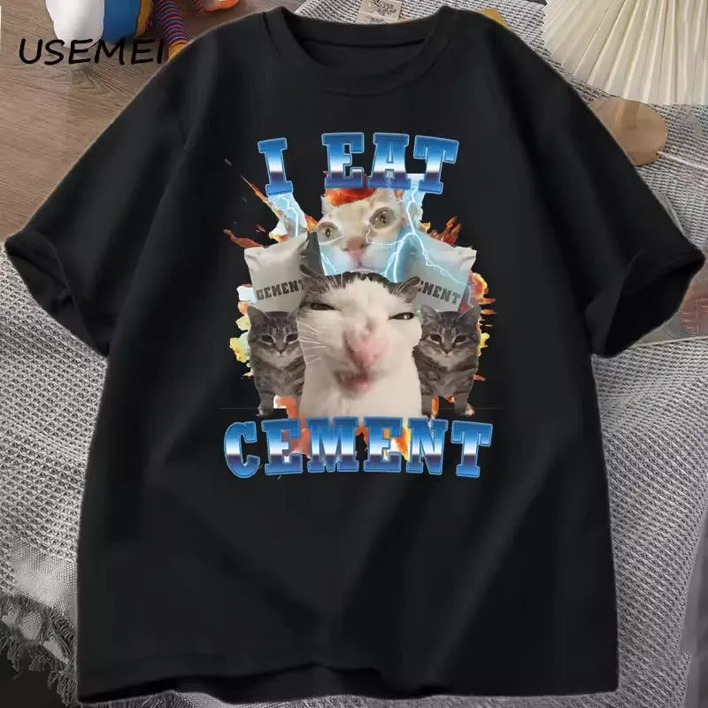 I Eat Cement Funny Cat Meme Vintage Graphic Tee Shirt Cotton Short Sleeve Stupid Ugly Cats Printed T Shirt Casual O Neck...