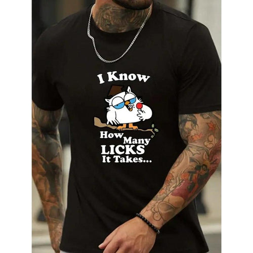 "I Know How Many Licks It Takes" Letters And Cartoon Owl Print Crew-Neck Men's Short-Sleeved T-Shirt, Slightly Stretchy,...
