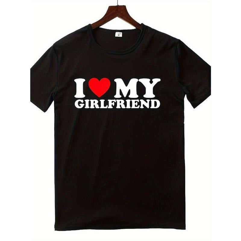 I Love  Girlfriend Print Short Sleeve Tees For Men, Casual Crew Neck T-, very well, Comfortable Breathable T-,...