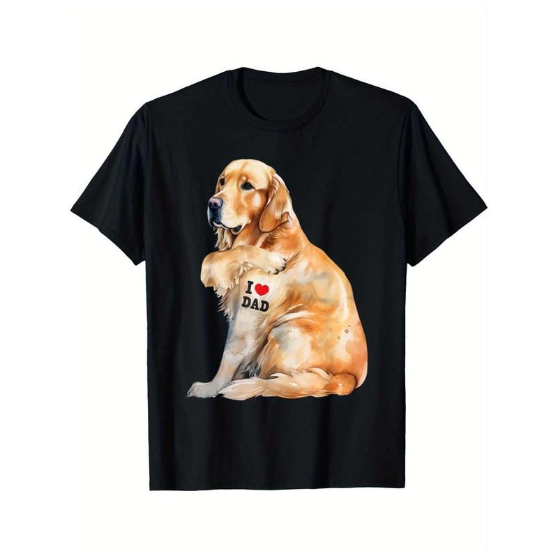 "I Love Dad" Golden Retriever Graphic T-Shirt, 100% Cotton Crew Neck Short Sleeve, Black, All-Season Comfort, Machine Washable, Perfect Gift for Dad, Valentine's Day, or Weekend Wear, Fathers Day Gift style 02