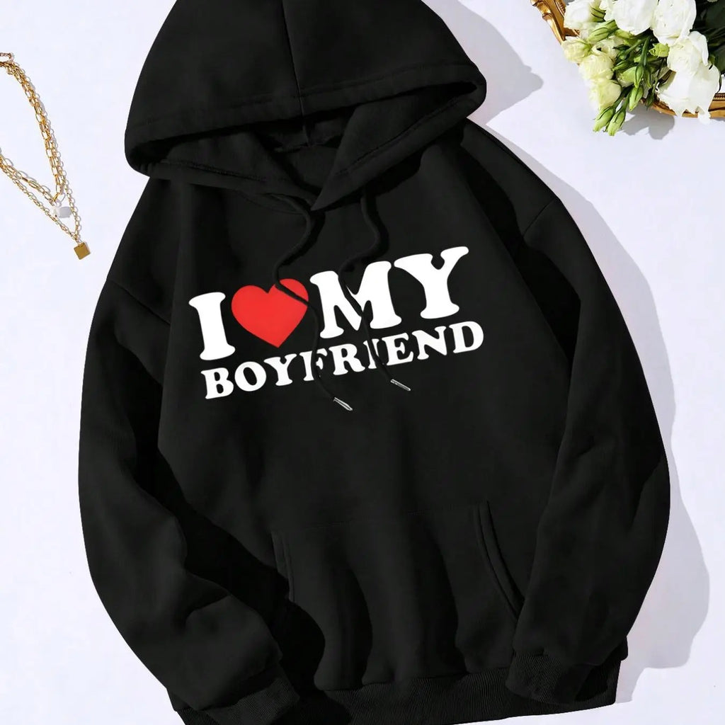 I Love My Boyfriend Print Hoodie, Fashion Casual Letter Print Hooded Sweatshirt for Daily Holiday Outdoor Wear, Girls...