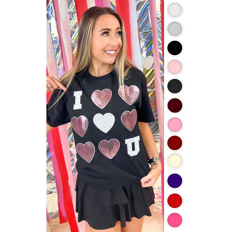 I Love You  Sequin Valentine Heart Graphic T-Shirt Hoodie, Sweatshirt | UrbanDripWear.com
