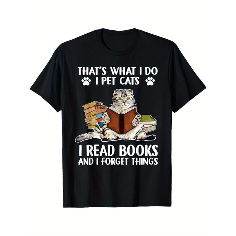 I PET CATS I READ BOOKS AND I FORGET THINGS Illustration Print T-shirt For Men, Pure Cotton Short Sleeve Tee, Summer Top...