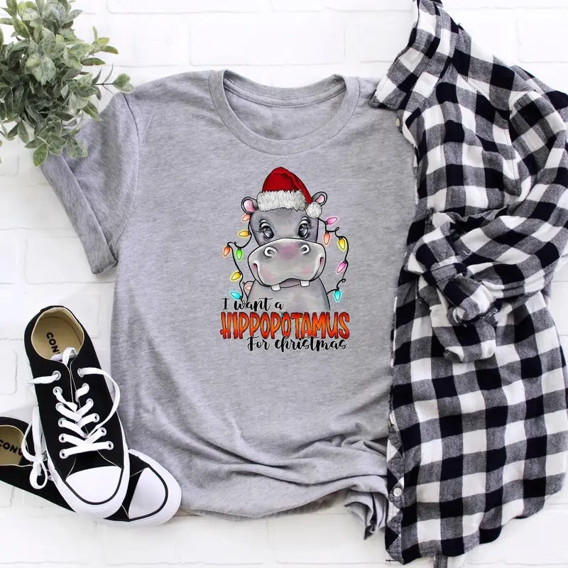 I Want A Hippopotamus For Christmas Shirt, Hippo Christmas Lights Sweatshirt, Xmas Party Shirt, Family Christmas Shirt...