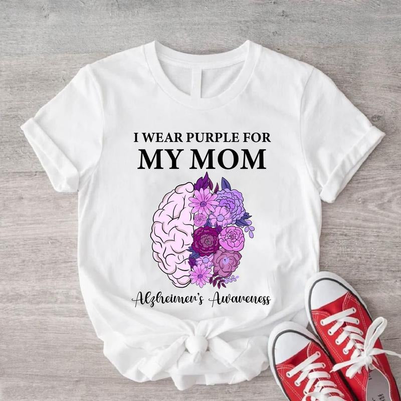 I Wear Purple For My Mom Shirt, Alzheimer's Awareness T-shirt, Purple Ribbon Tee, Purple Floral Brain Tee, Alzheimer's...