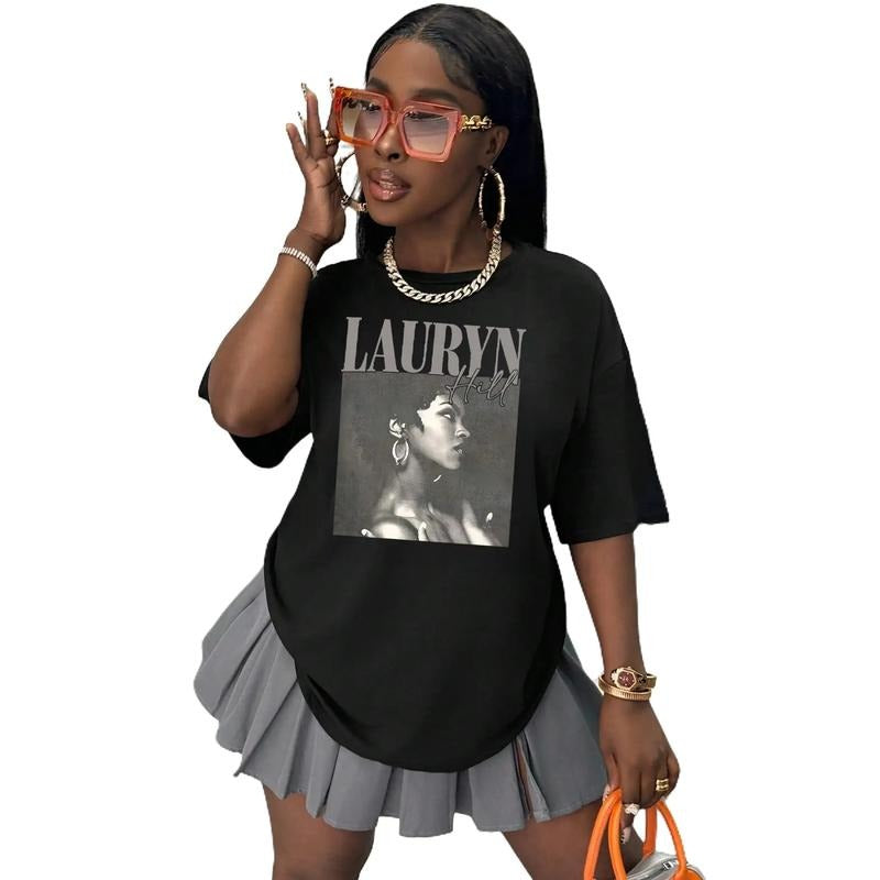 INAWLY Plus Size Lauryn Hill Print Short Sleeve Casual T-Shirt Green Knitted Fabric Loose Fit Women's Top for All Seasons...