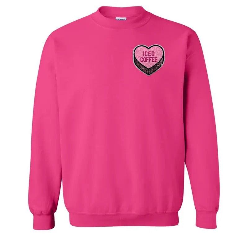 'Iced Coffee Candy Heart' Letter Patch Crewneck Sweatshirt T-Shirts, Hoodie | UrbanDripWear.com