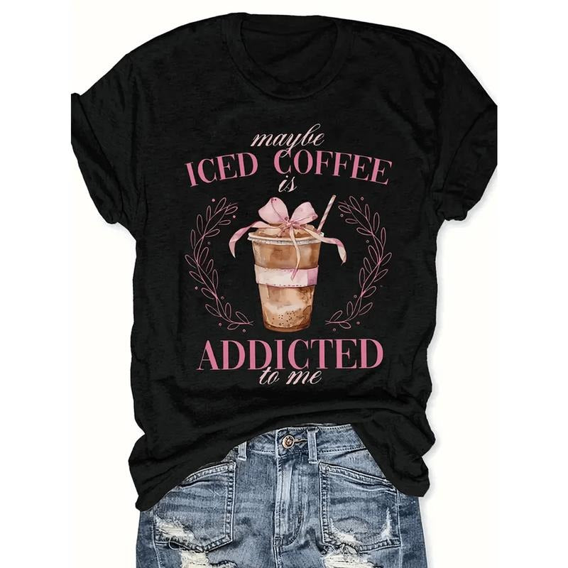 Iced Coffee Printed Ladies T-Shirt, Lightweight, Comfortable And Casual, High Quality Short Sleeve Hoodie, Sweatshirt