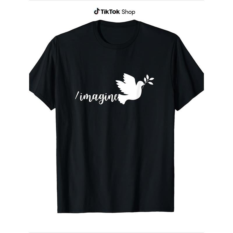 Imagine Peace Dove Graphic T-Shirt, 100% Cotton Crew Neck Tee, Casual Loose Fit Short Sleeve Top for Adults, All-Season...
