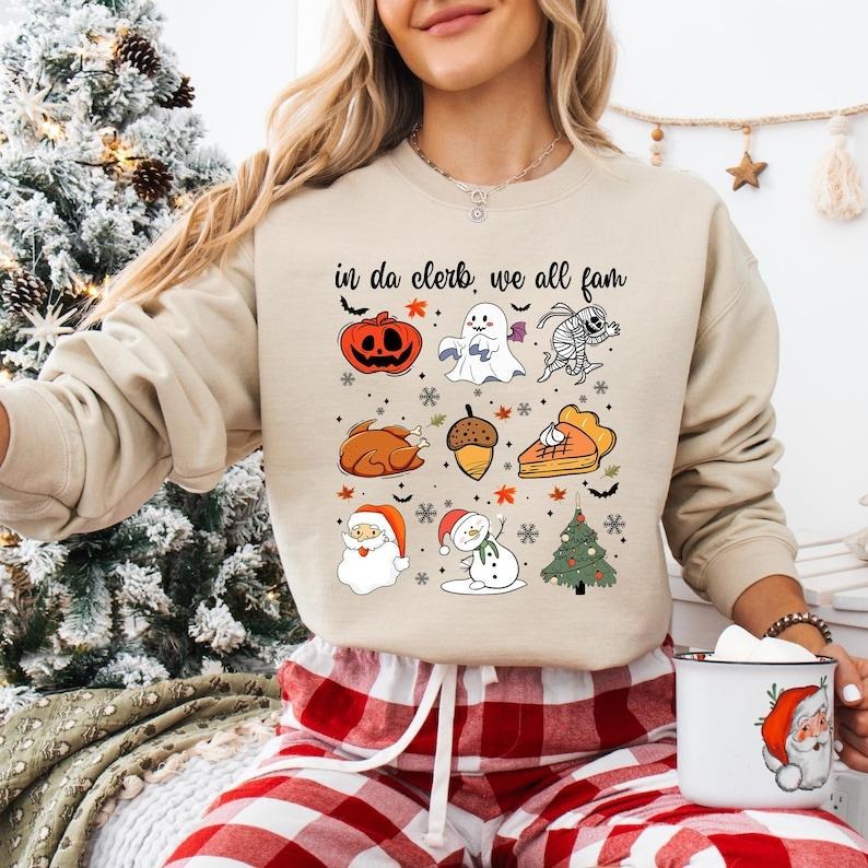 In Da Clerb We All Fam Christmas Sweatshirt, Santa Christmas Shirt, Hallothanksmas T-shirt, Spooky Halloween Tee, Turkey...