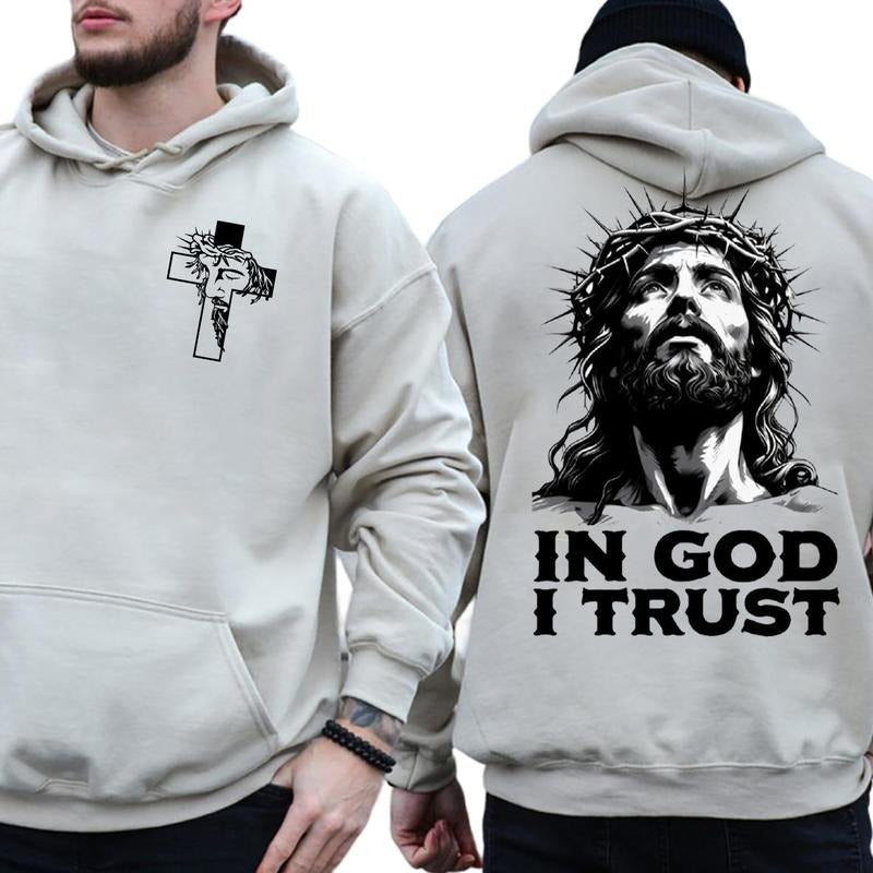 In God I Trust Jesus 2 Sided Graphic Hoodie Fleece Fabric Casual Hooded Sweatshirt Trendy Tops Perfect Gift T-Shirts