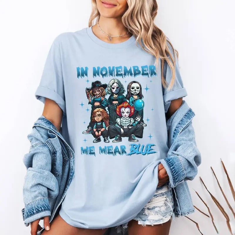 In November We Wear Blue Shirt Halloween Character Diabetes Awareness Tshirt Diabetes Awareness Month Shirt Hoodie,...