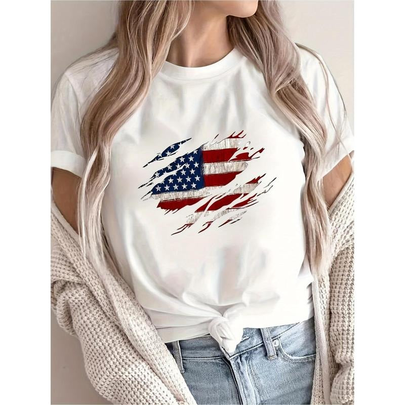 Independence Day Printed Crew Neck T-shirt, Summer and Spring Short-Sleeved Casual Top, Women's Clothing Hoodie, Sweatshirt