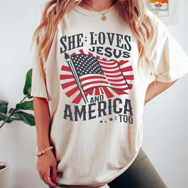 Independence Day Tshirt, Christian Tee, 4th of July Shirt, She Loves Jesus And America Too T-Shirt, America Retro Shirt,...