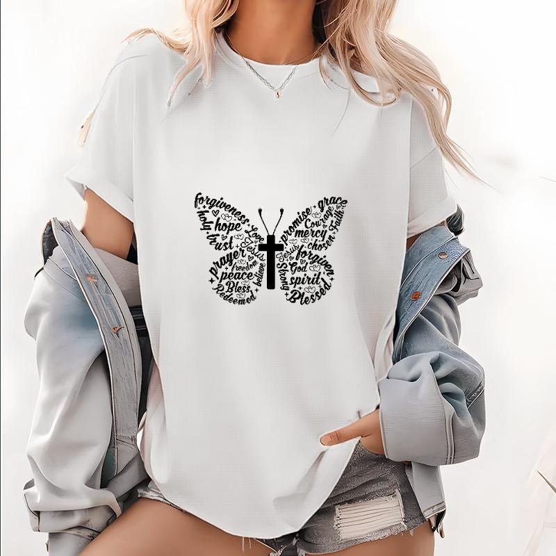 Inspirational Women's T - Shirt with Butterfly Graphic Made of Faith