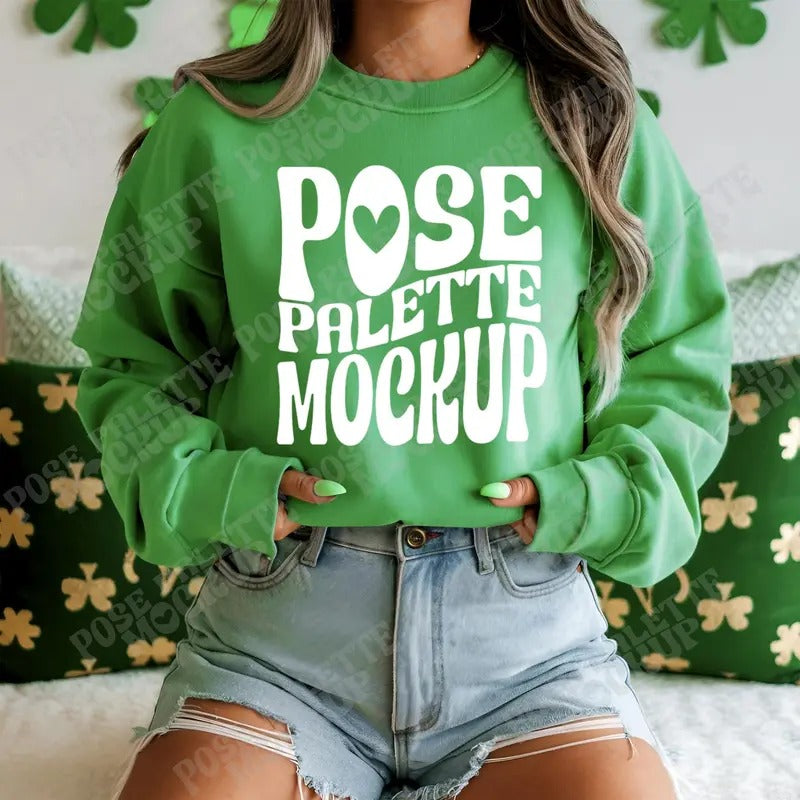 Irish Green Gildan 18000 Sweatshirt Mockup G18000 St Patricks Day Mock Up Trendy Model Mockup T-Shirts, Hoodie