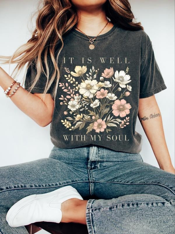 "It Is Well With My Soul" Vintage Floral Tee - Women's Distressed Dark Gray Inspirational T-Shirt