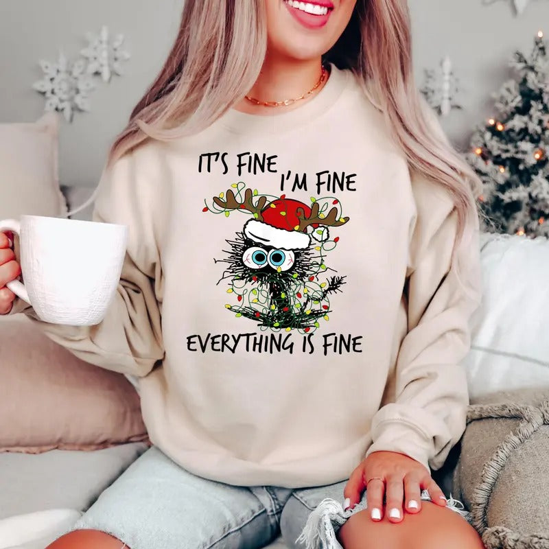 It is Fine, I am Fine Everything is Fine, Christmas Cat Shirt, Meowy Christmas Shirt, Black Cat Sweatshirt, Merry...