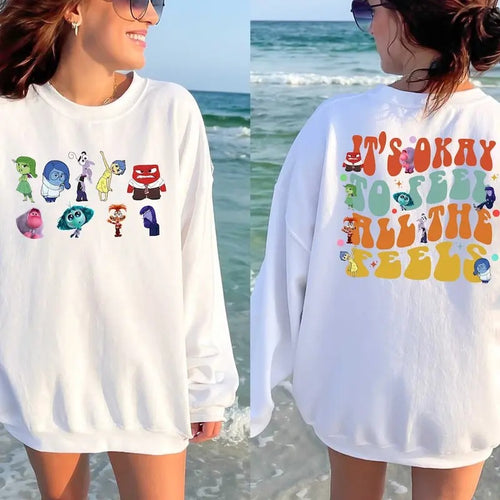 It's Okay Sweatshirt - White Casual Sweatshirt with Colorful Graphic Design, Featuring Various Characters, Ideal for...
